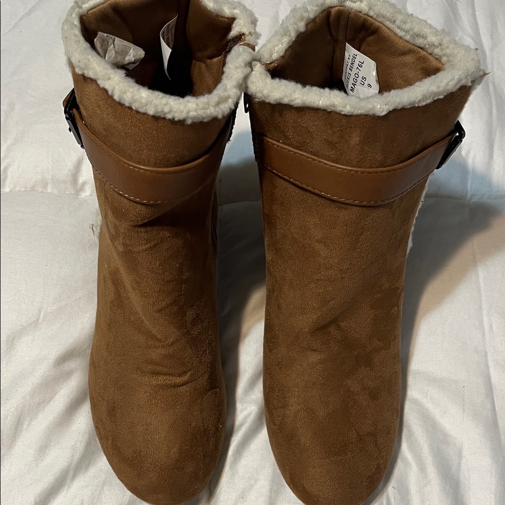 Faux-Suede Shearling-Lined Ankle Booties in Brown